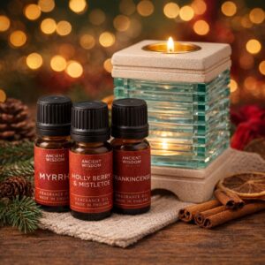Christmas Fireside Set with hand-carved sandstone oil burner and Holy Scents of Christmas fragrance oils
