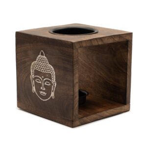 Large square mango wood oil burner with Buddha face