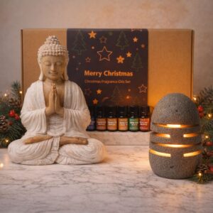 Festive Delights Fragrance Oils Set with riverstone candle holder and whitewash Buddha statue