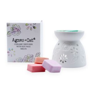 Agnes + Cat ceramic wax melter with floral cut-out design and four soy wax melts